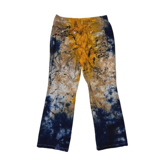 Custom Yellow, Brown & Blue Tie Dye & Marble Painted Flare Statement Pants - Picture 2 of 4